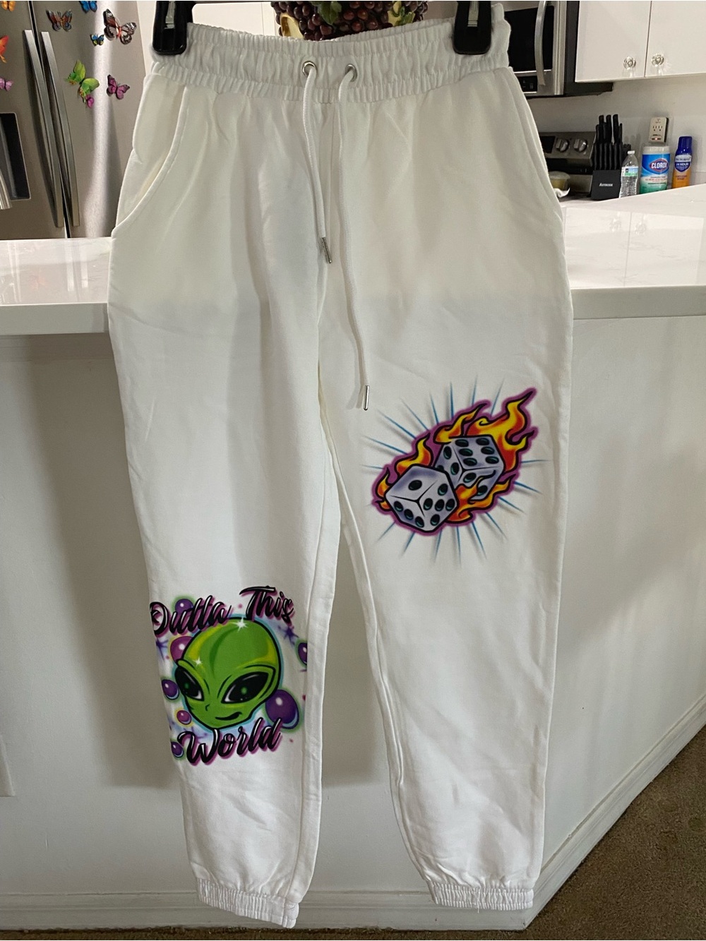 Dolls Kill White Drawstring Joggers with Black Brand Tags